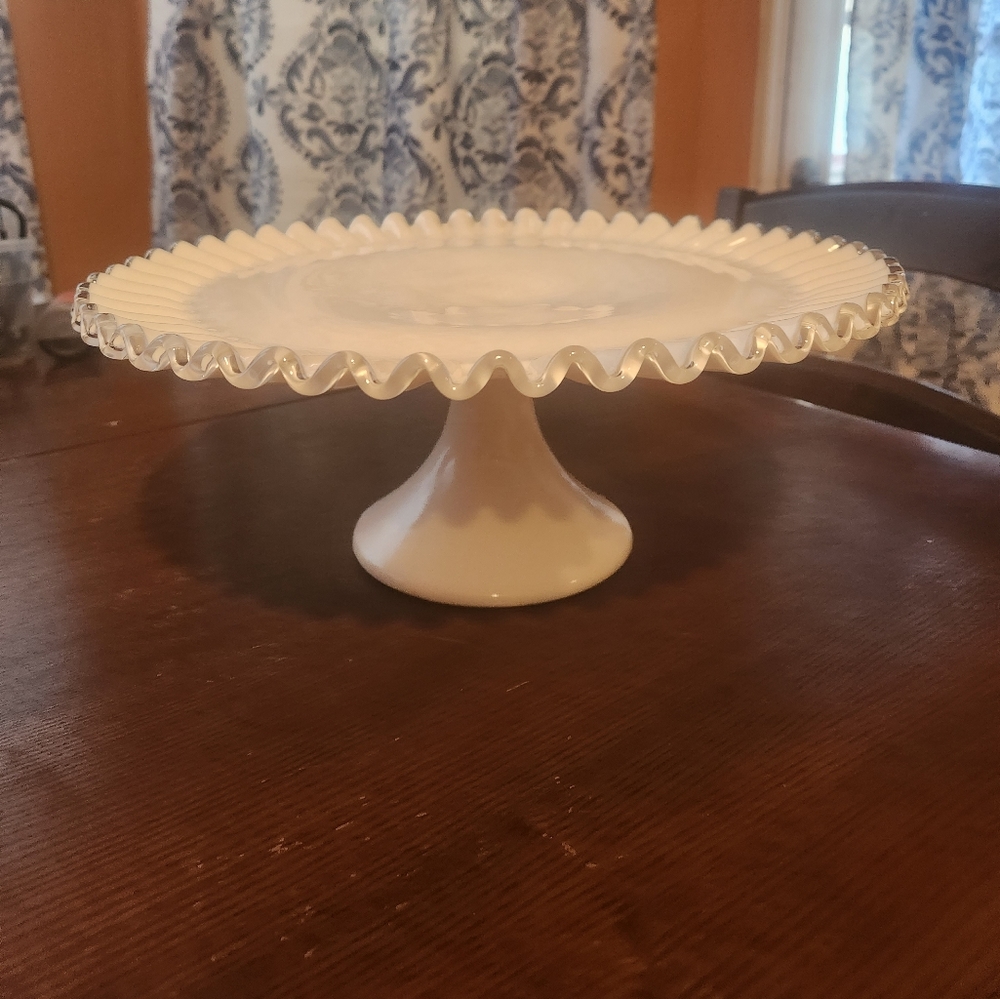 Fenton Vintage Milk Glass Silver edge 13" Cake Stand
